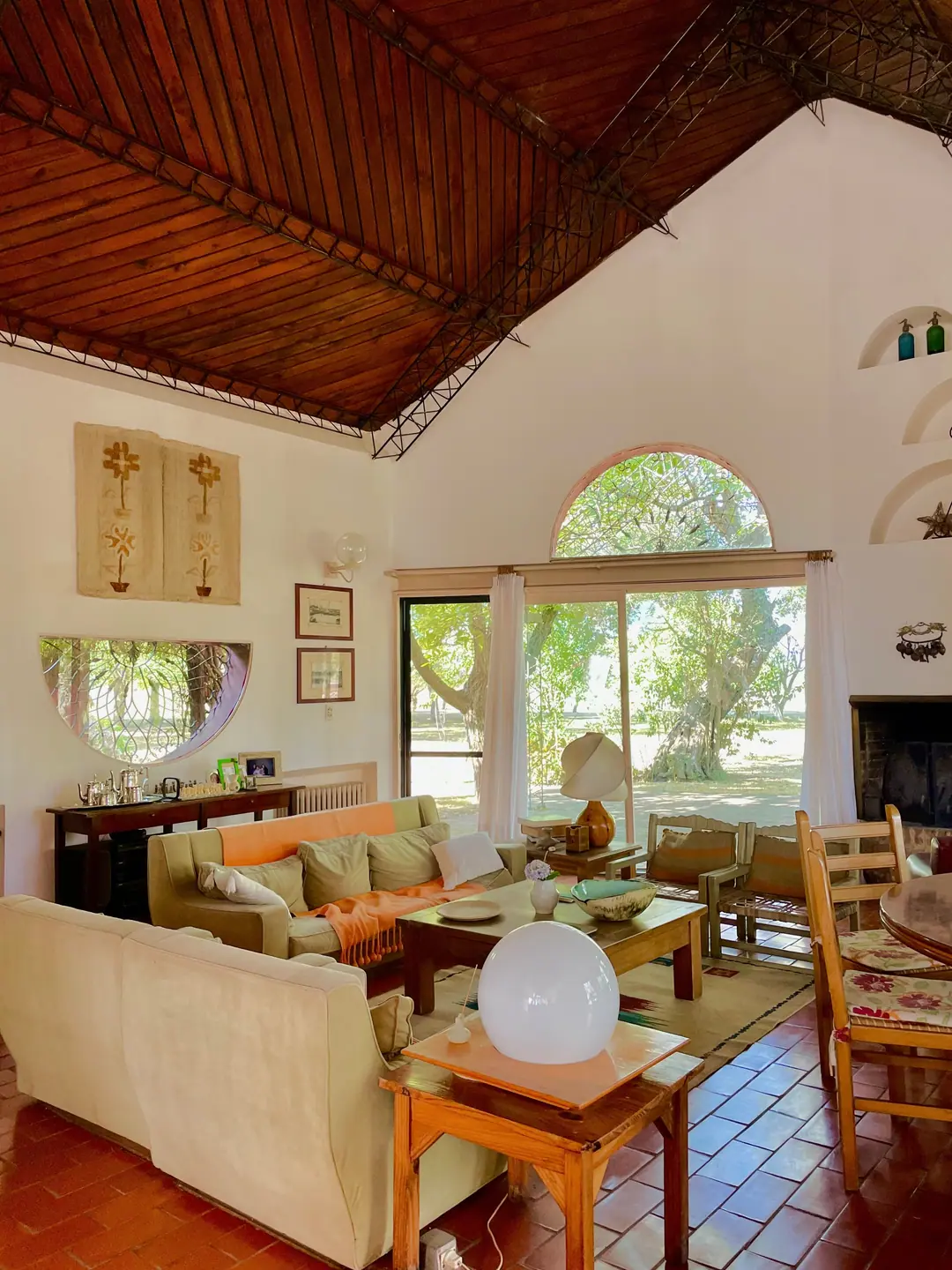 The living room under the timber ceiling